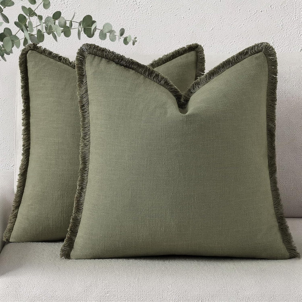 decorUhome Linen Fringe Olive Green Throw Pillow Covers 24x24 Set of 2