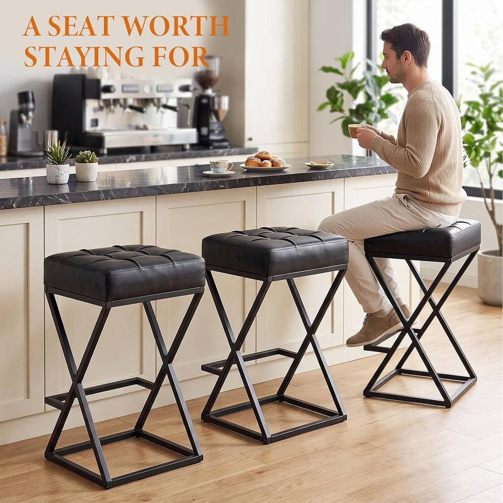 Bar Stools Set of 2, 26 Inch Counter Height Stool Faux Leather Black