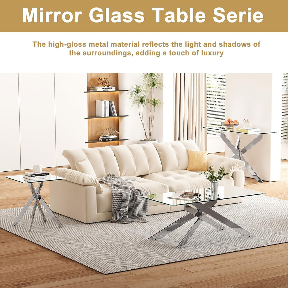 AF ARTISAN FURNITURE Silver Glass Coffee Table and 2 End Table Set of 3, Coff...