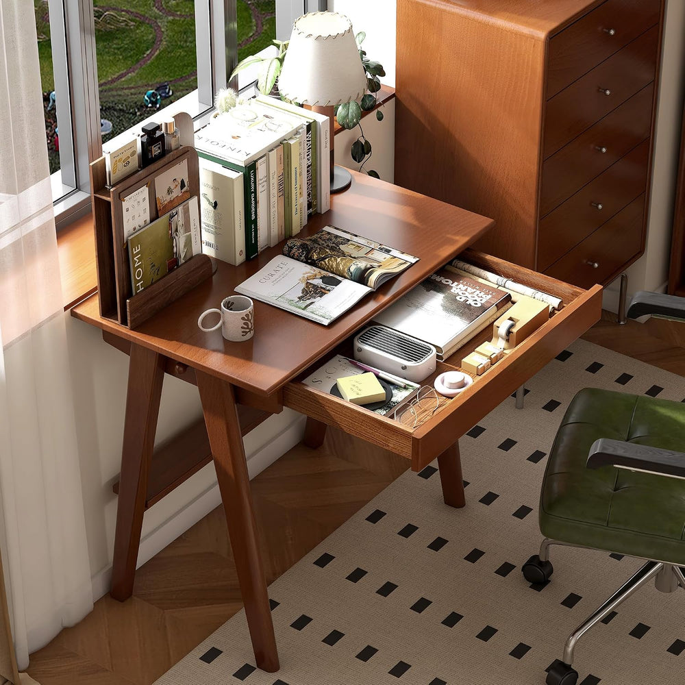 100% Solid Rubber Wood Desk Home Office Desk Mid Century Modern Writing Compu...