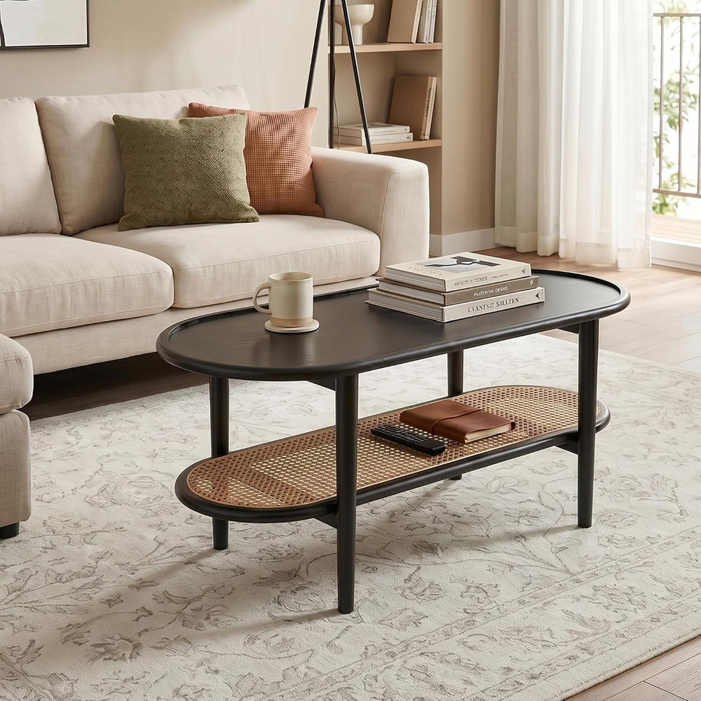 Black Rattan Coffee Table, 39.5" Oval Center Table with Storage Shelf, M...