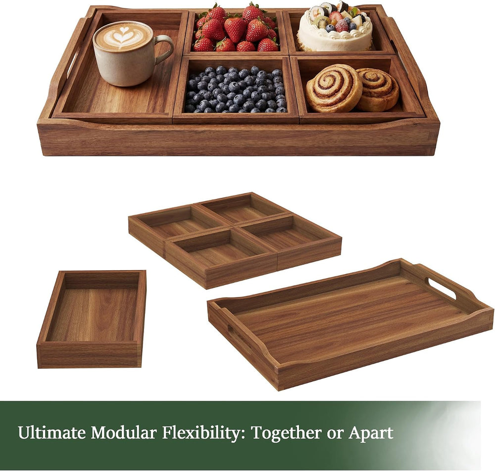 Acacia Wood Serving Tray with Handles for Ottoman Coffee Table