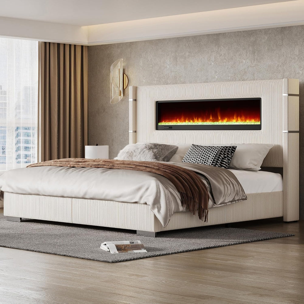 AMERLIFE King Bed Frame with Fireplace, Upholstered Headboard, Cream