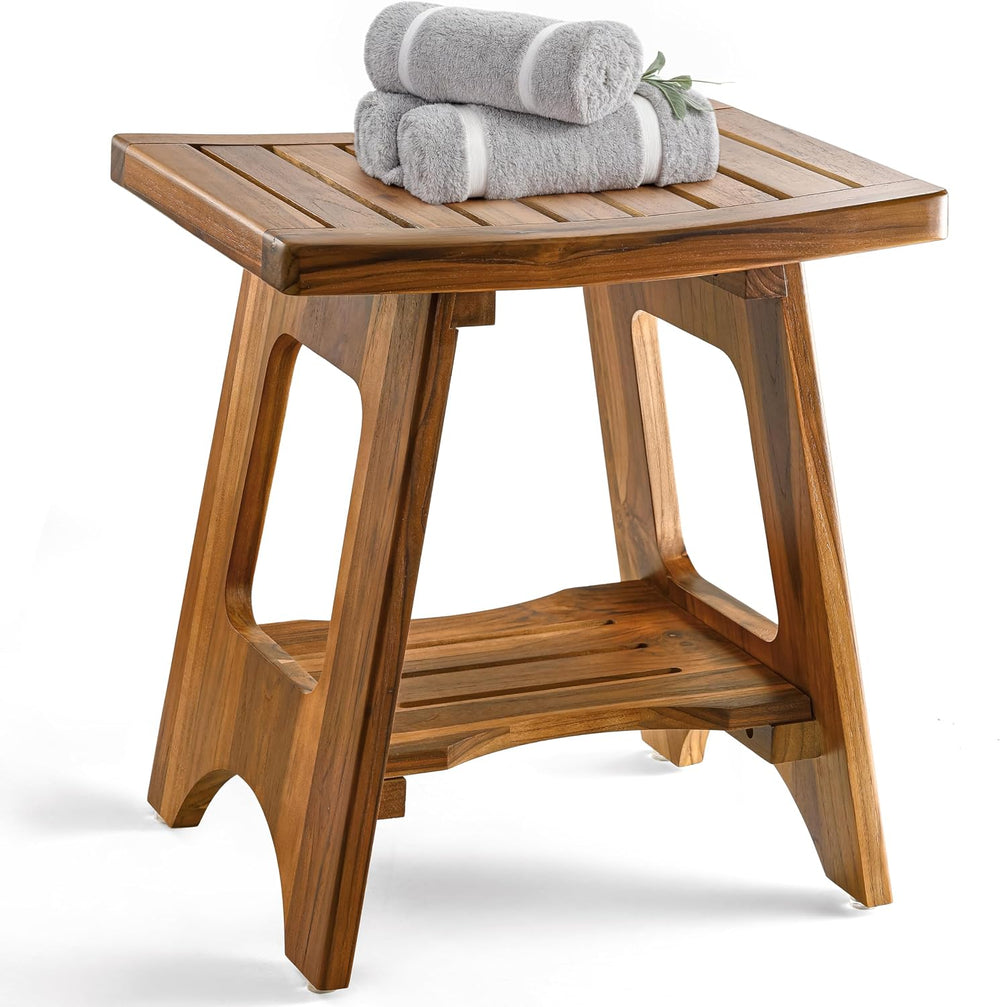 HOLANA 18" Teak Shower Bench, 450 LBS Capacity with Built-in Storage Shelf