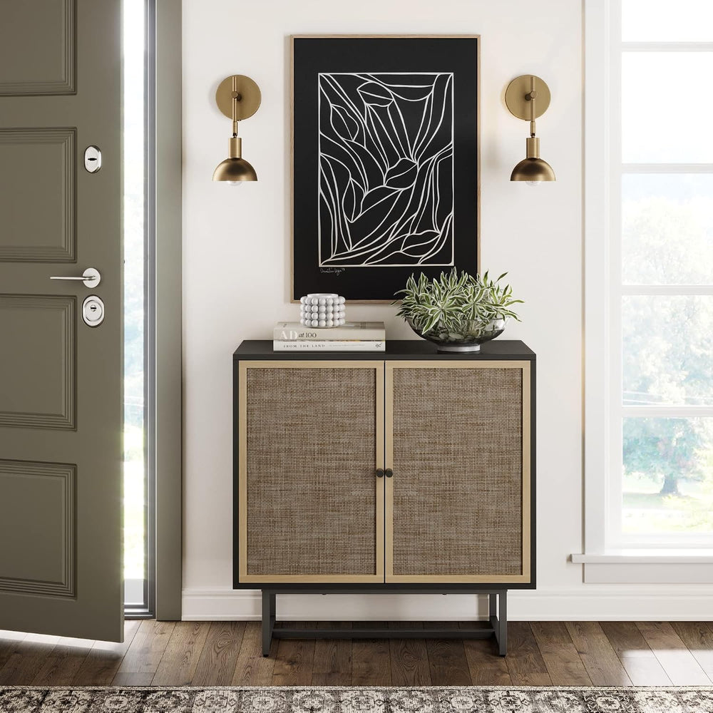 Nathan James Kova Rattan Wood Accent Sideboard Storage Cabinet with Matte Met...