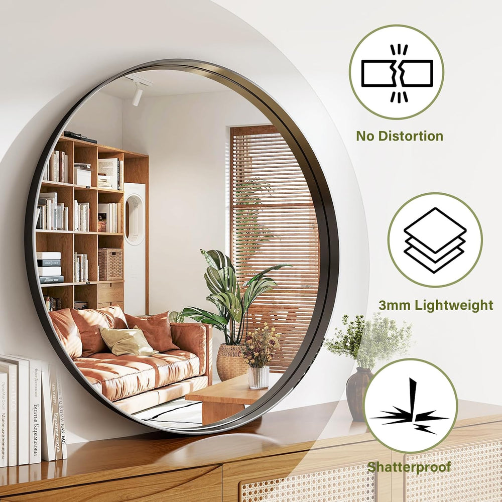 36 Inch Round Bathroom Mirror - Wall Mounted Circle Mirror with Metal Frame, ...