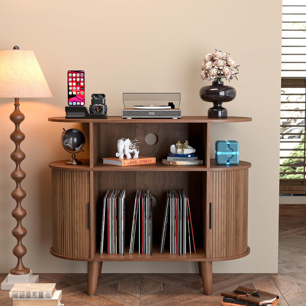 LUVIOHOME Large Round Record Player Stand with Charging Station & USB Ports