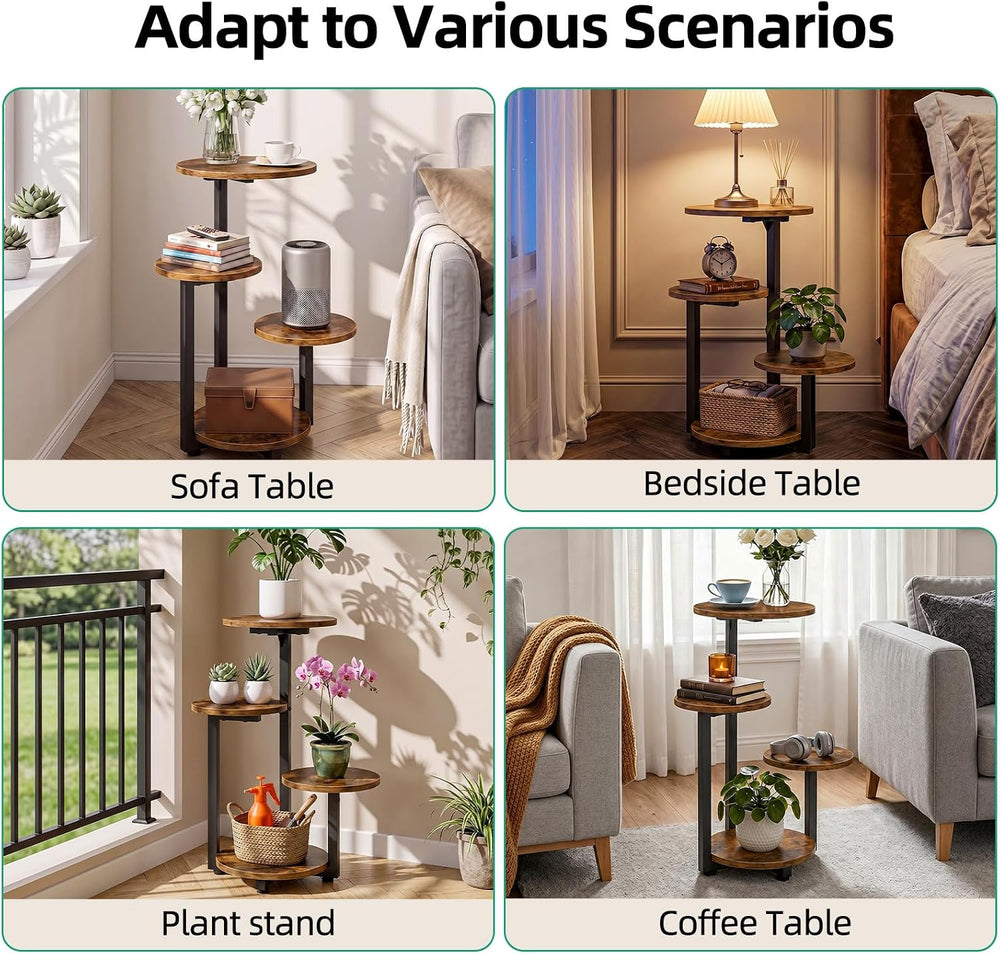 Kalrin 4-Tier Small Side Table,Round End Table (Rustic Brown)
