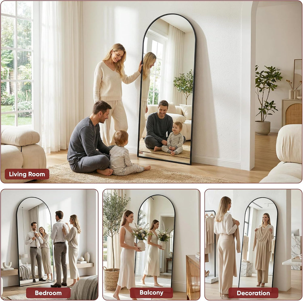 Antok 58" x 20" Arched Full Length Floor Mirror, Aluminum Frame, Black