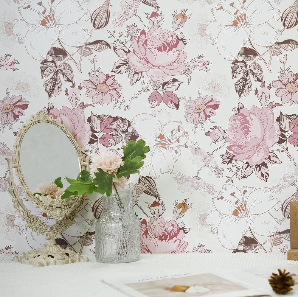 Hopepak Pink Floral Peel and Stick Wallpaper, 16.1" x 394"