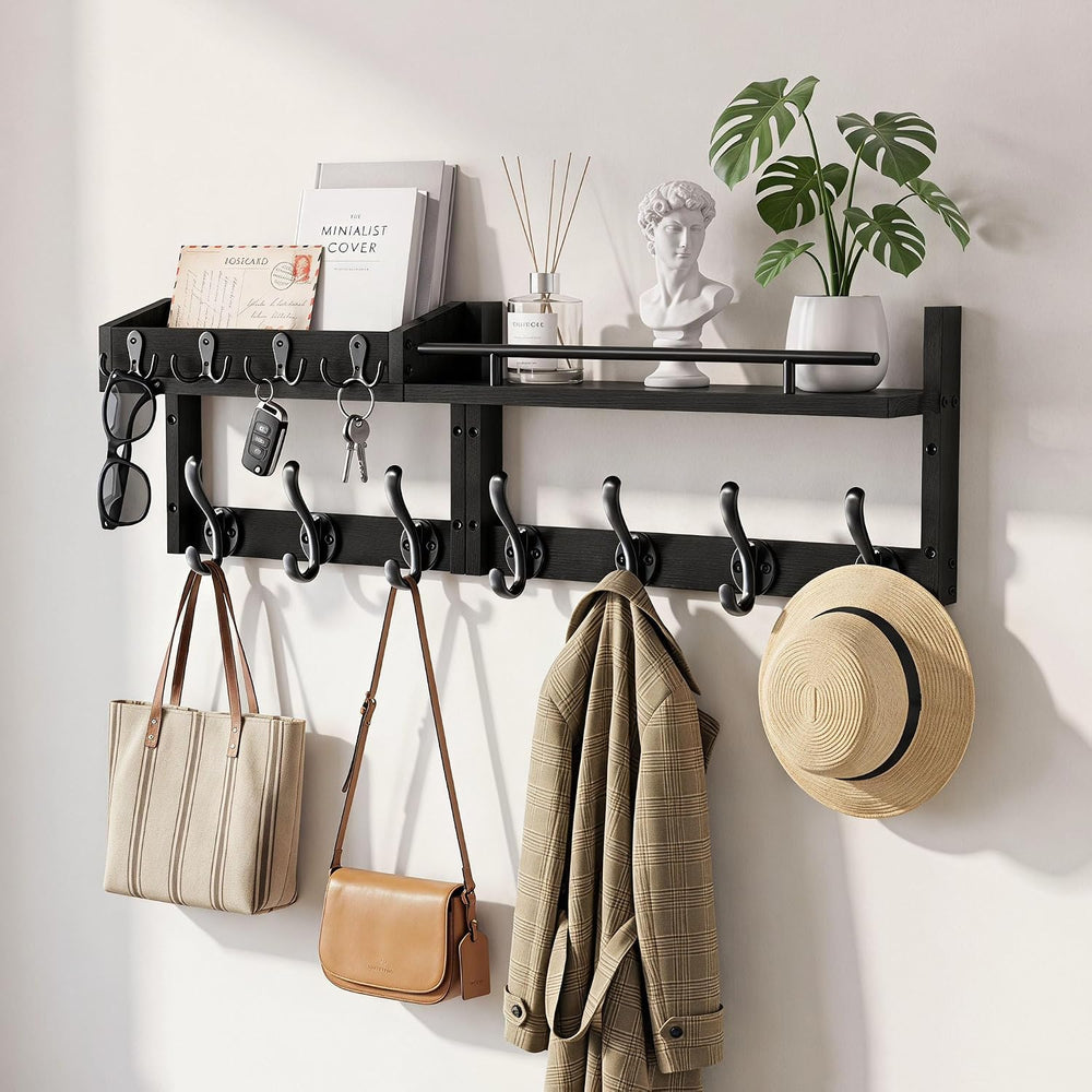 29” Coat Rack Wall Mount with Shelf, Coat and Key Hanger with Metal Hooks