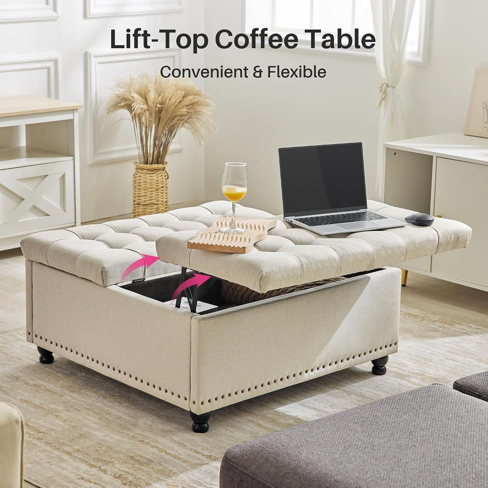 Redlife 35 Inch Large Square Storage Ottoman, Coffee Table Ottoman, Linen