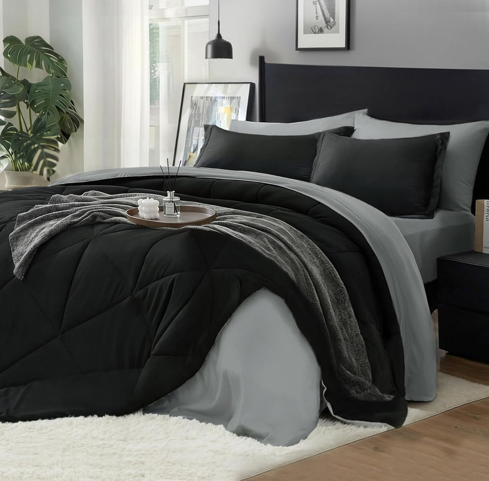 BEDELITE King Comforter Set 7 Pieces, Reversible Black Bed in A Bag