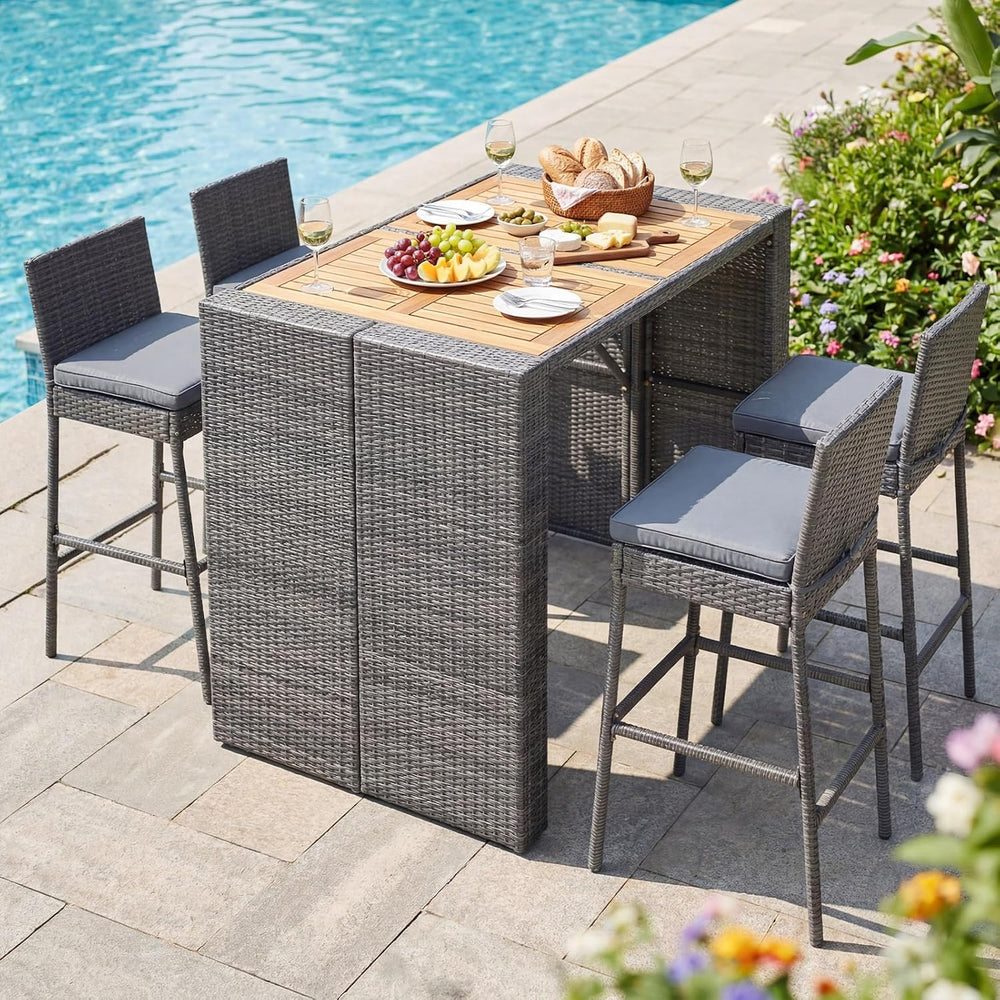 RELAX4LIFE 5-Piece Outdoor Bar Set - Wicker Rattan Bar Height Dining Table
