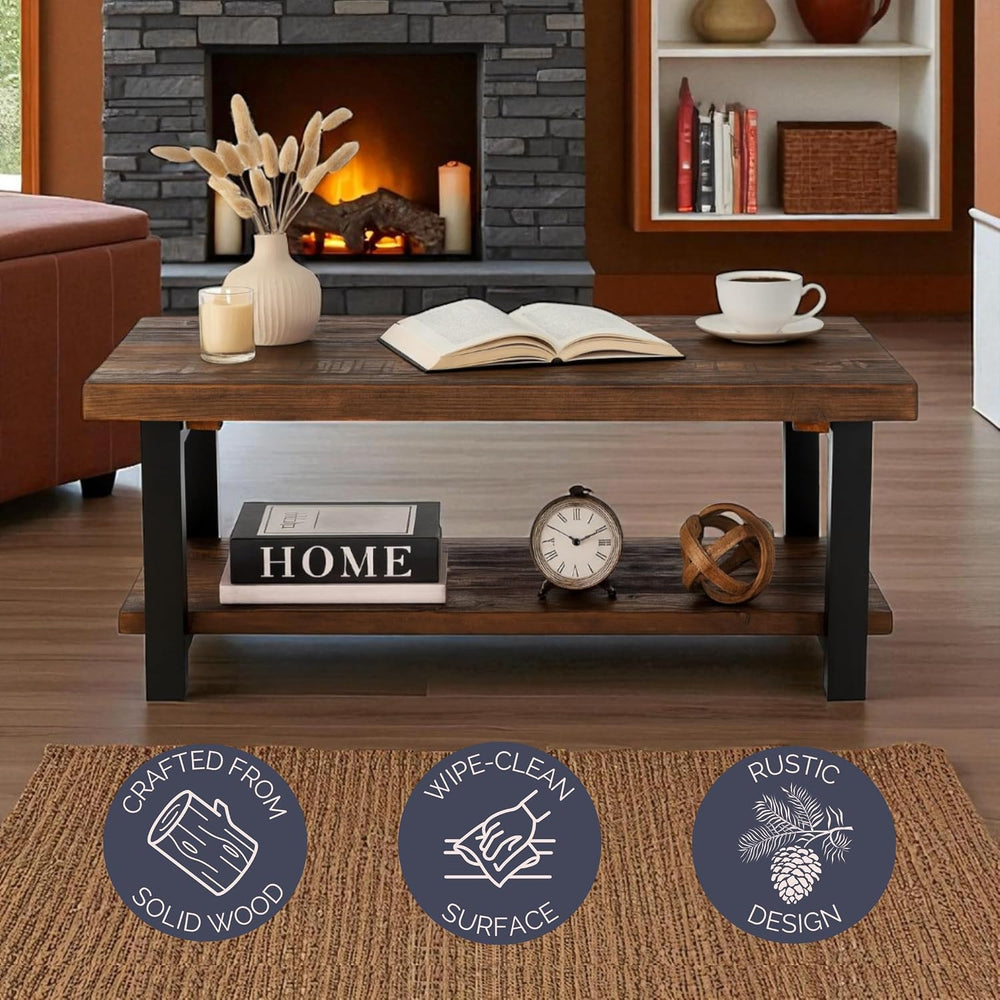 Alaterre Pomona 42 Inch Coffee Table with Storage Shelf, Rustic Natural