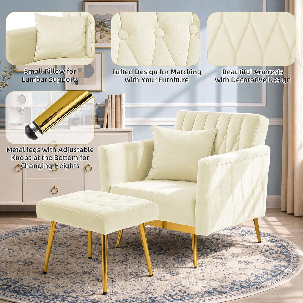 Velvet Accent Chair w/Ottoman & Adjustable Backrest, Beige