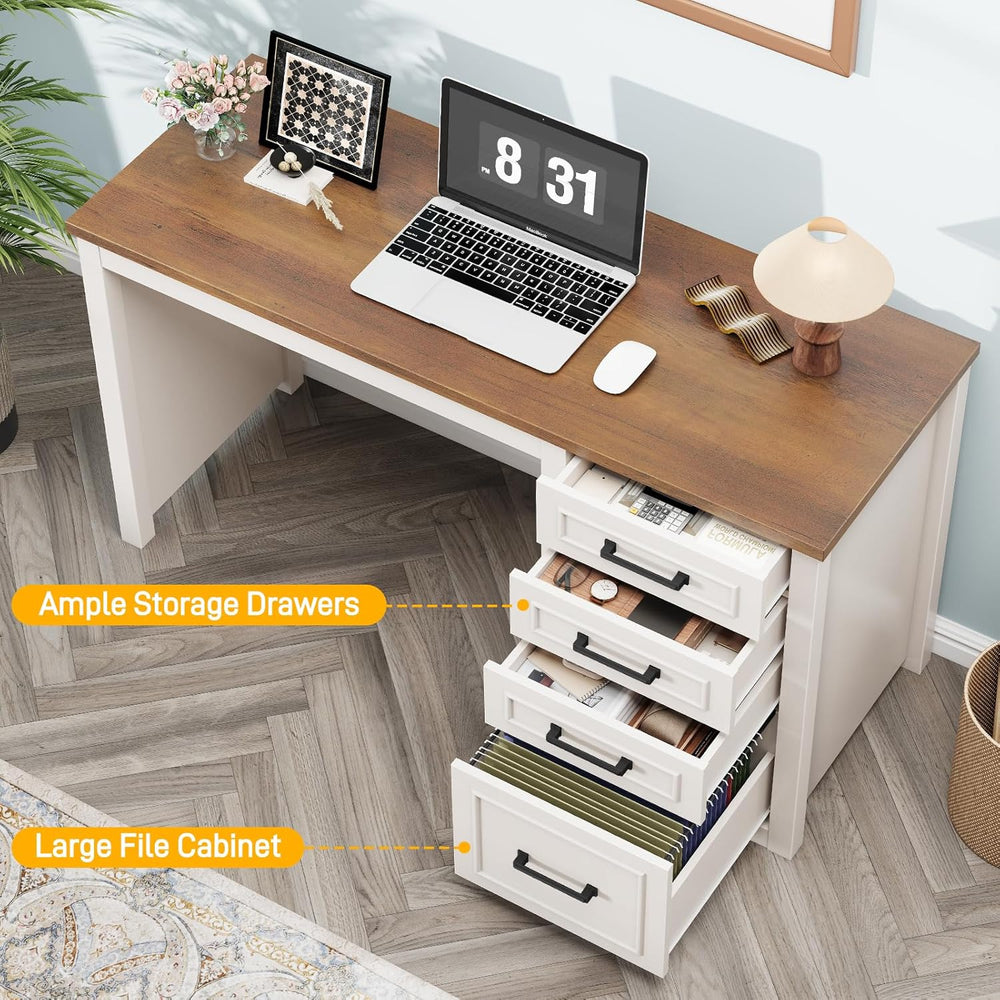 Vabches Farmhouse 49” Executive Desk with File Drawer, White Brown