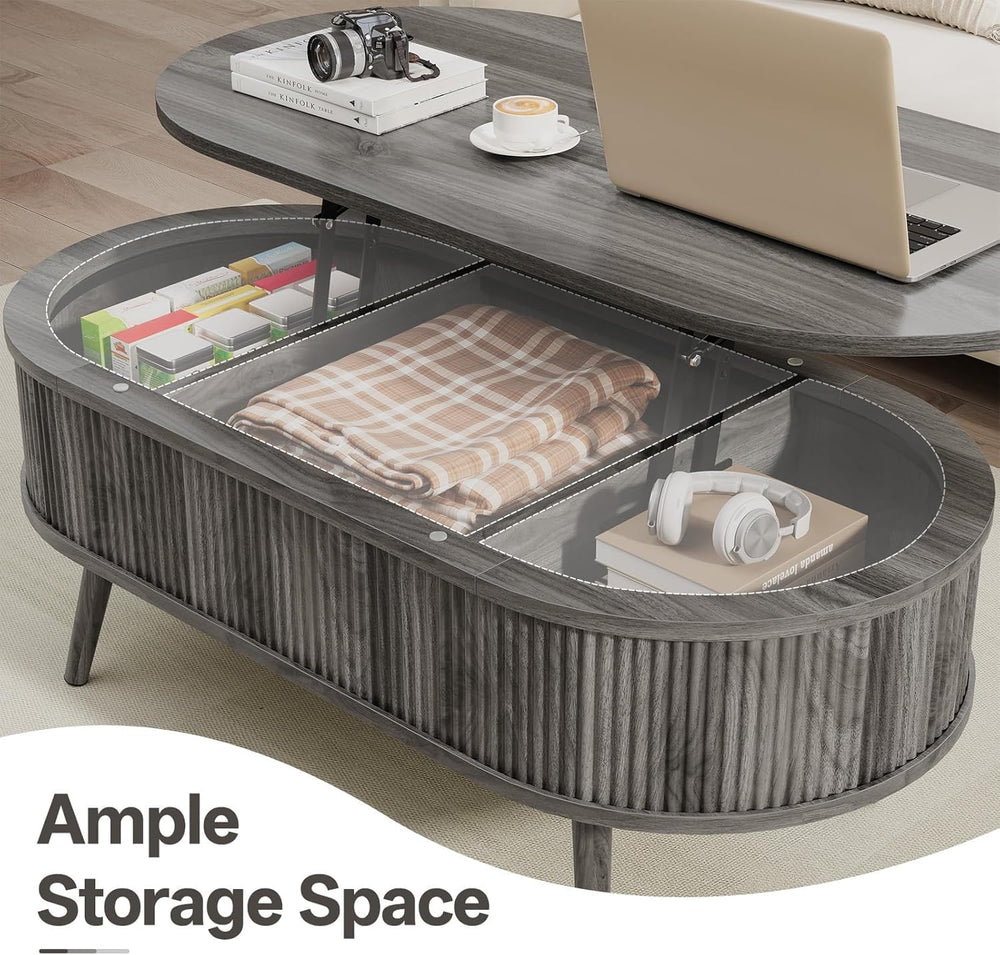 Oval Coffee Table with Storage, Fluted Modern Coffee Table with Lift Top, Sma...