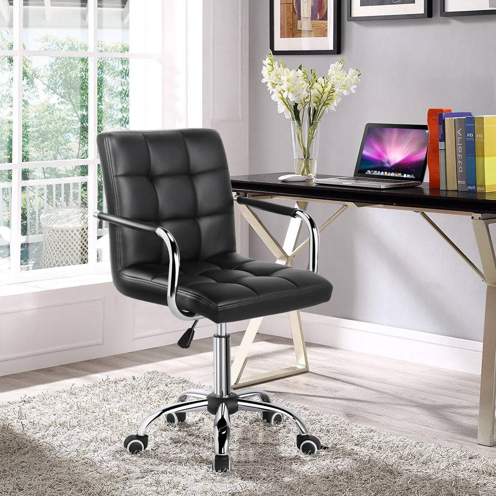 Yaheetech Black Vanity Desk Chair with Wheels, Tufted PU Leather Armchair