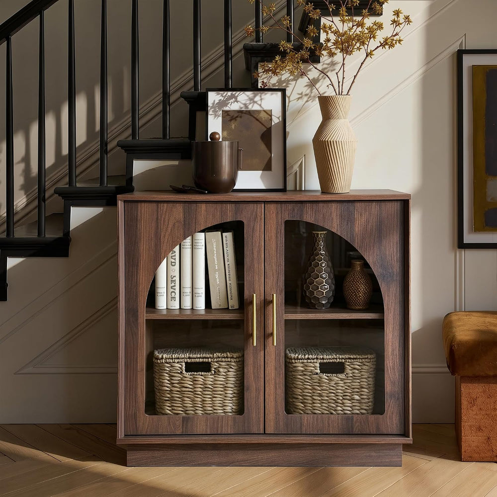FORTUNETEC 31.5" Sideboard Buffet Cabinet with Arched Glass Doors