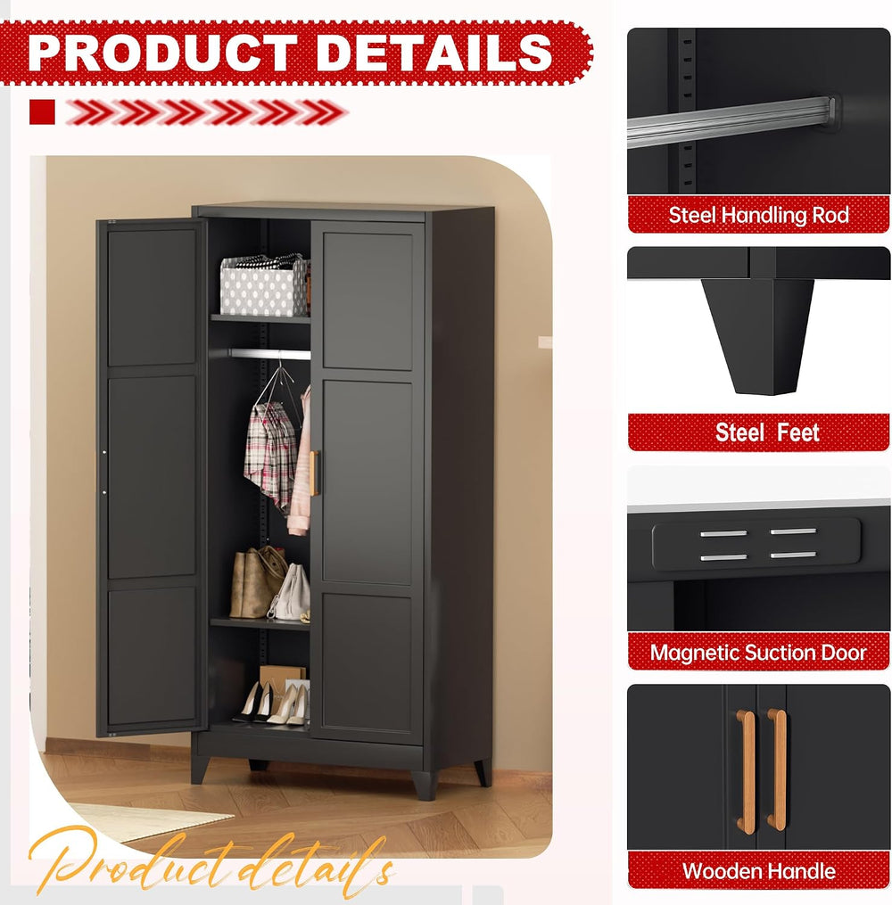 Superday Metal Wardrobe Closet, 72" H Bedroom Armoires with Wooden Handl...