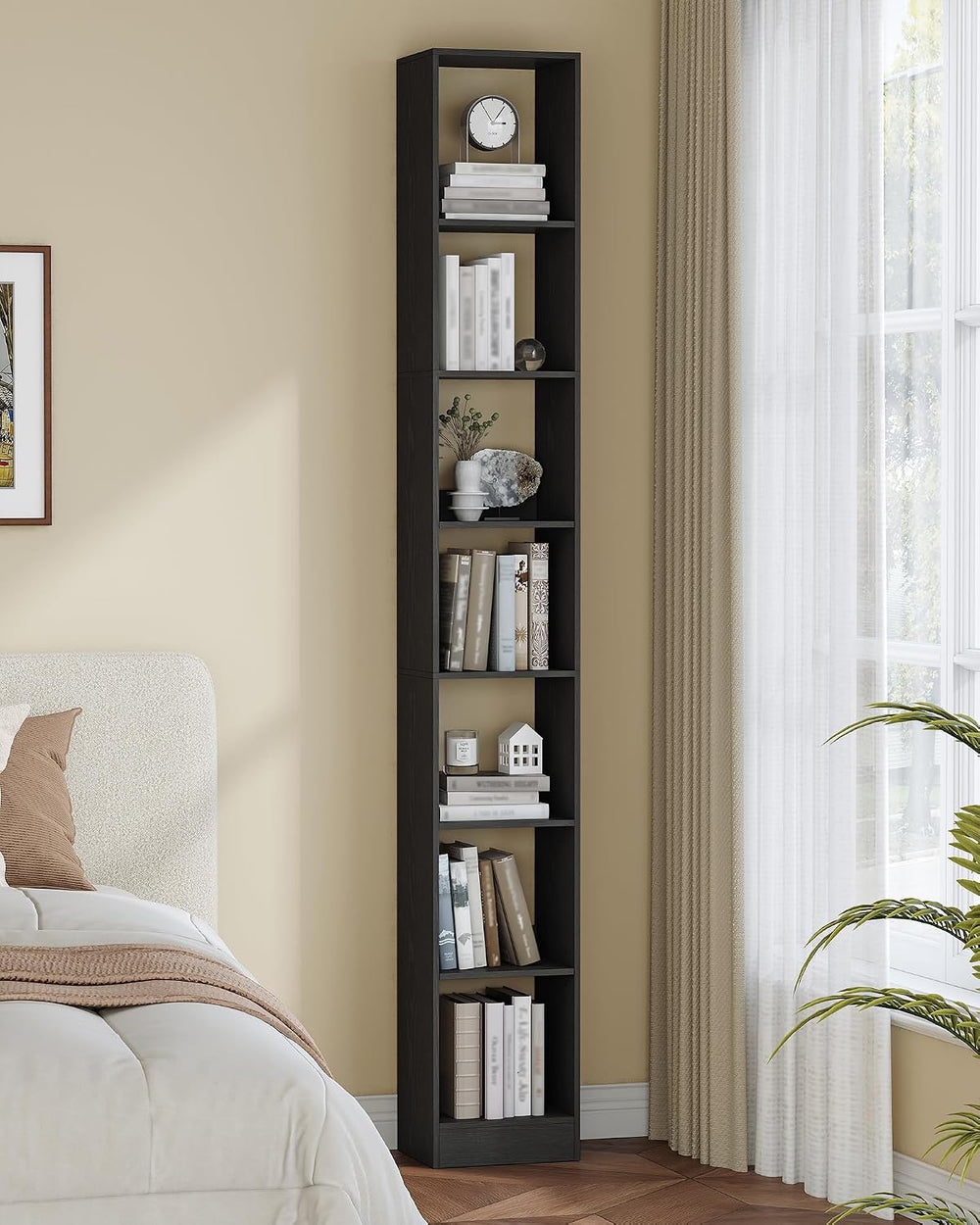 Hzuaneri Bookcase, Tall Narrow Bookshelf, Open Display Storage Shelf