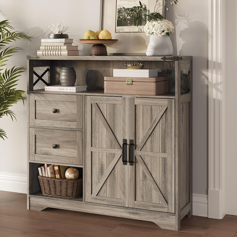 Fameill Farmhouse Storage Cabinet with Drawers and Open Storage, Grey