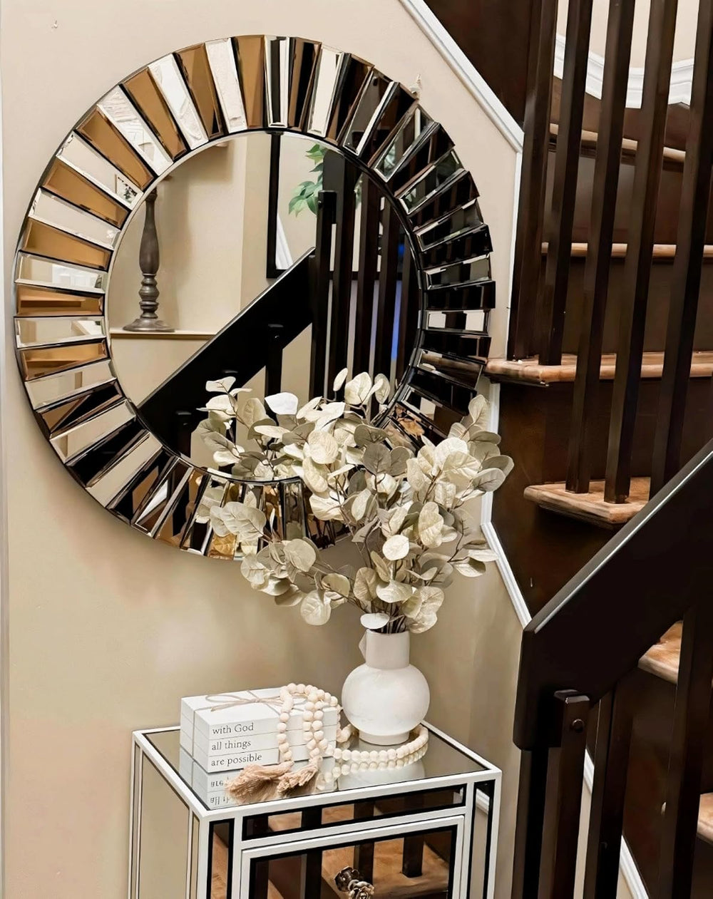 Decorative Round Mirror Sunburst: Silver-Brown Crystal Edge 31.5 in