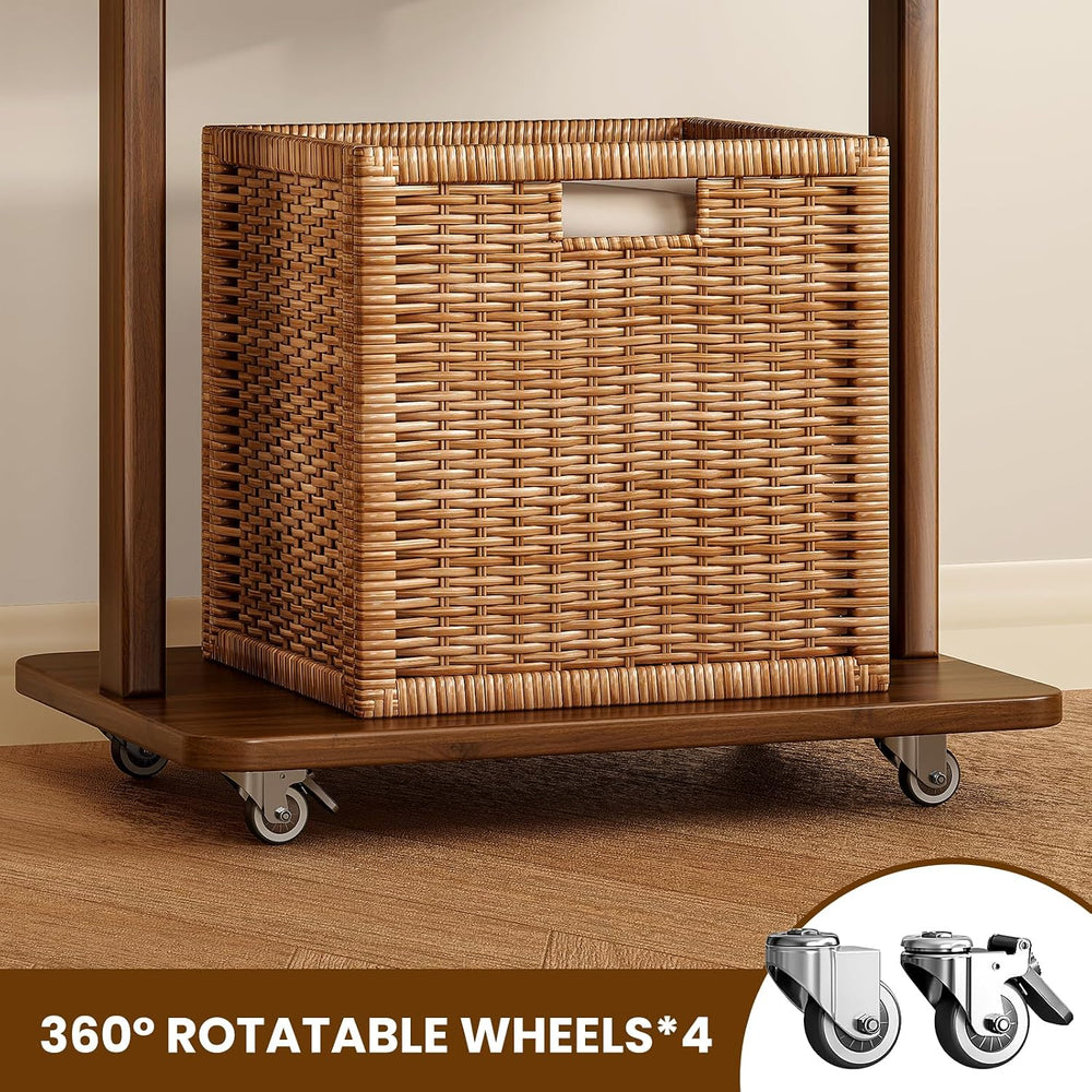 15.9" Narrow 3-in-1 Rolling Clothing Rack,Wooden Coat Rack with Wheels, ...