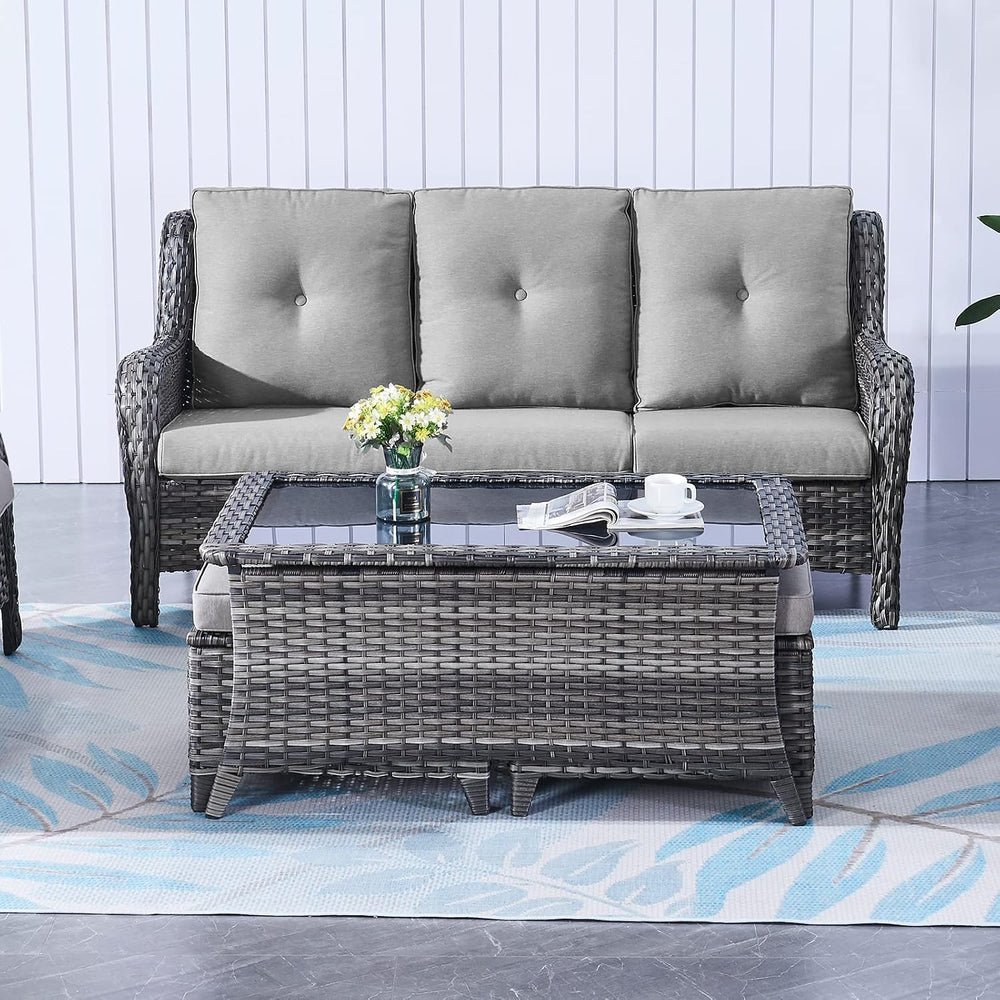 Belord Patio Coffee Table Outdoor Rectangular Glass Table, Handwoven Rattan P...