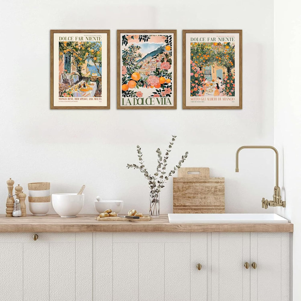 Framed Italian Scenery Wall Art Set of 3, Amalfi Coast Kitchen Wall Art, Vint...