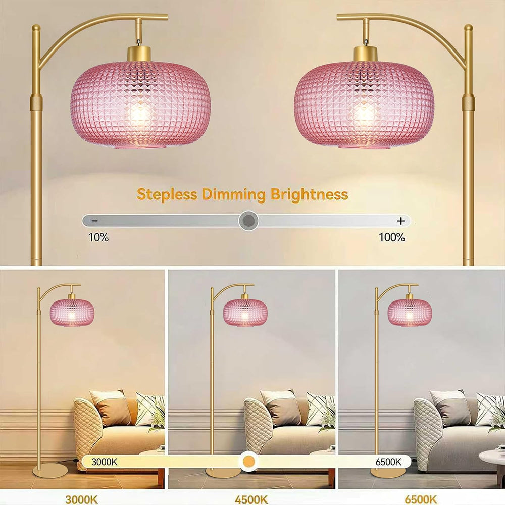 Glass Floor Lamp for Living Room,Modern Standing Lamp with Pink Lamp Shade
