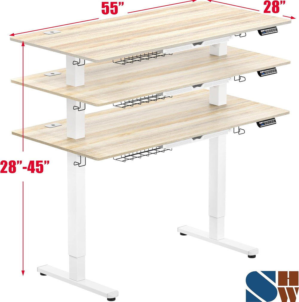 SHW 55 x 28 Electric Height Adjustable Standing Desk w/Drawer, Maple