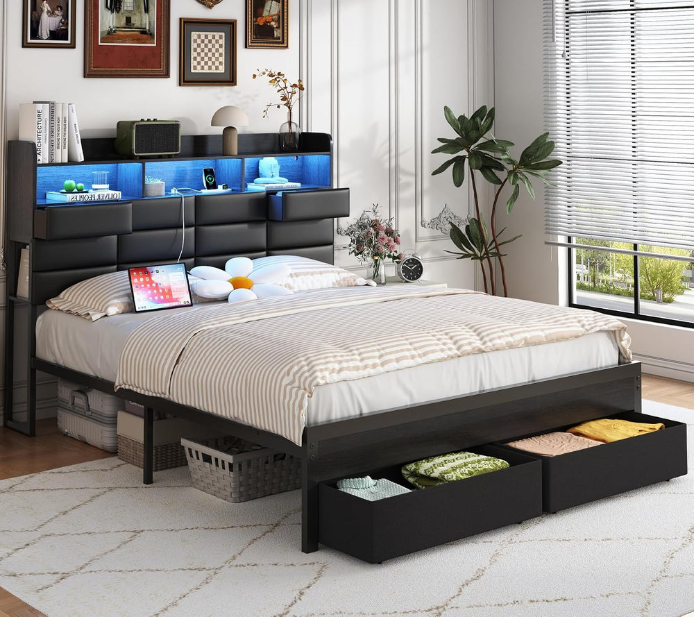 Full Bed Frame with Storage Headboard, Upholstered Black Bed Frame with 4 Dra...