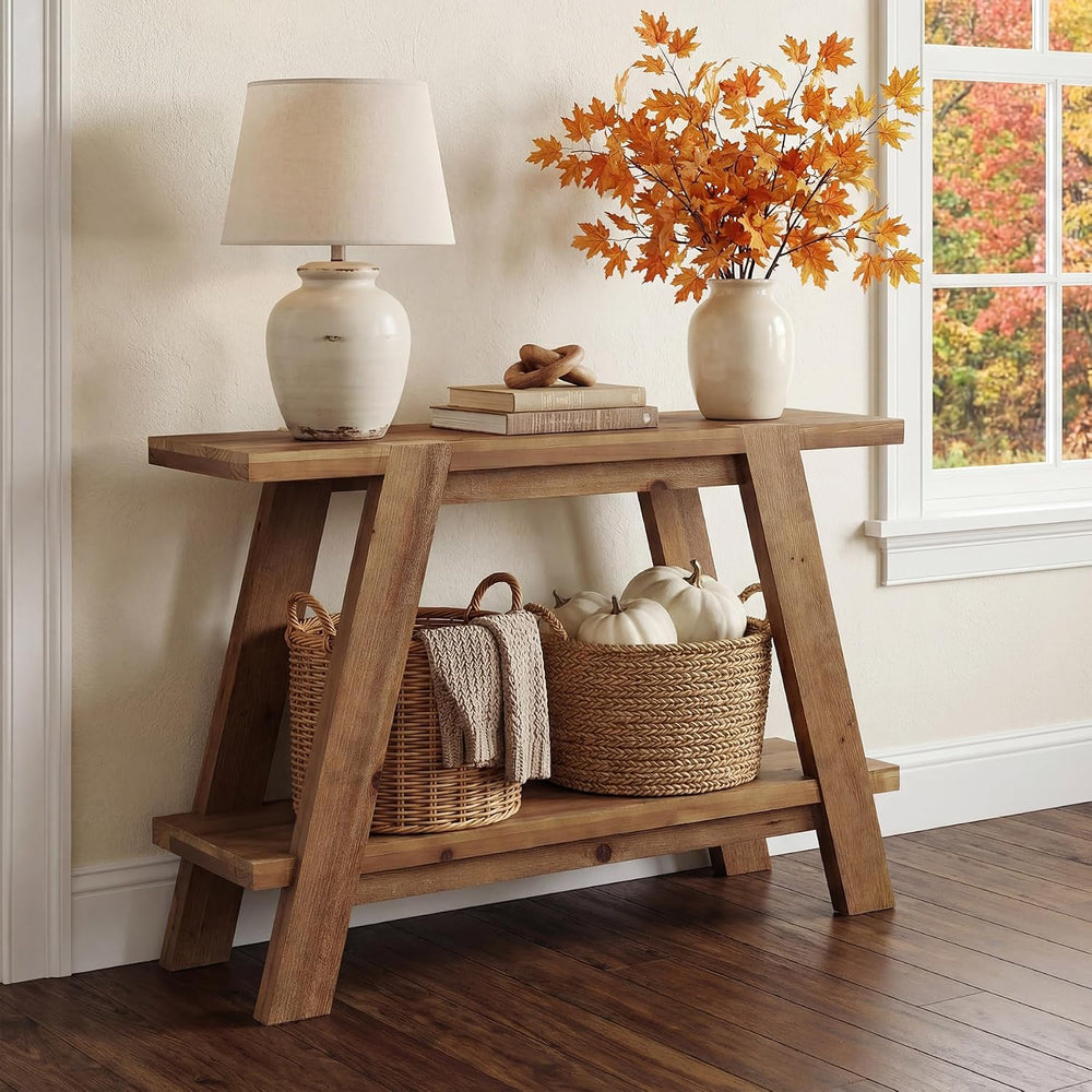 43.3" Solid Wood Entryway Table, 2-Tier Farmhouse Console Table with Sto...