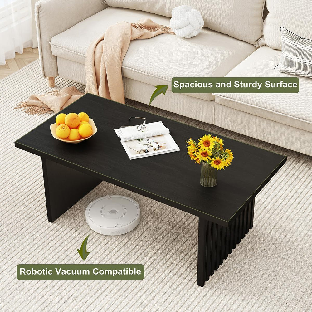 BON AUGURE Black Coffee Table, 43 Inch Fluted Living Room Tables, Modern