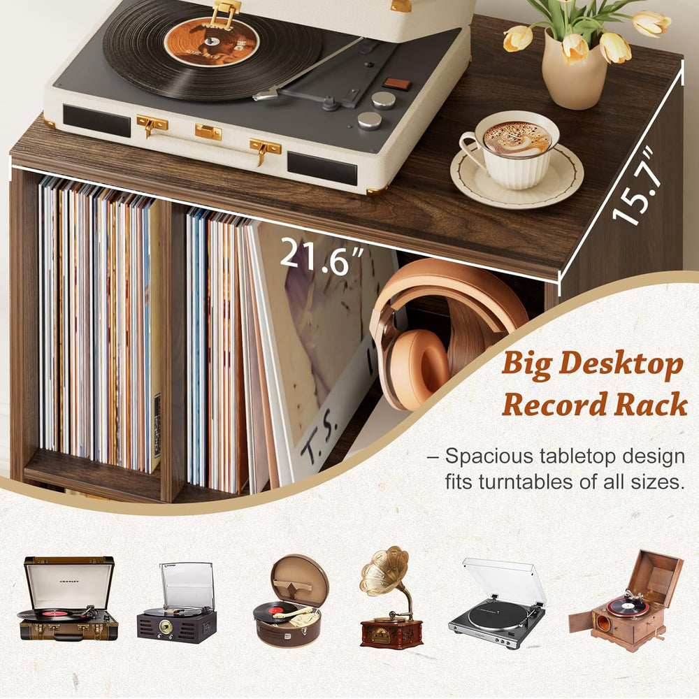 Bikoney Record Player Stand with Vinyl Storage, Mid Century Walnut