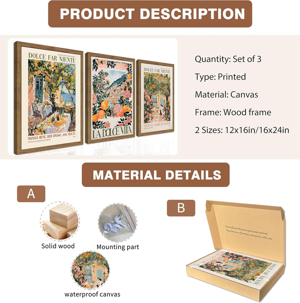 Framed Italian Scenery Wall Art Set of 3, Amalfi Coast Kitchen Wall Art, Vint...