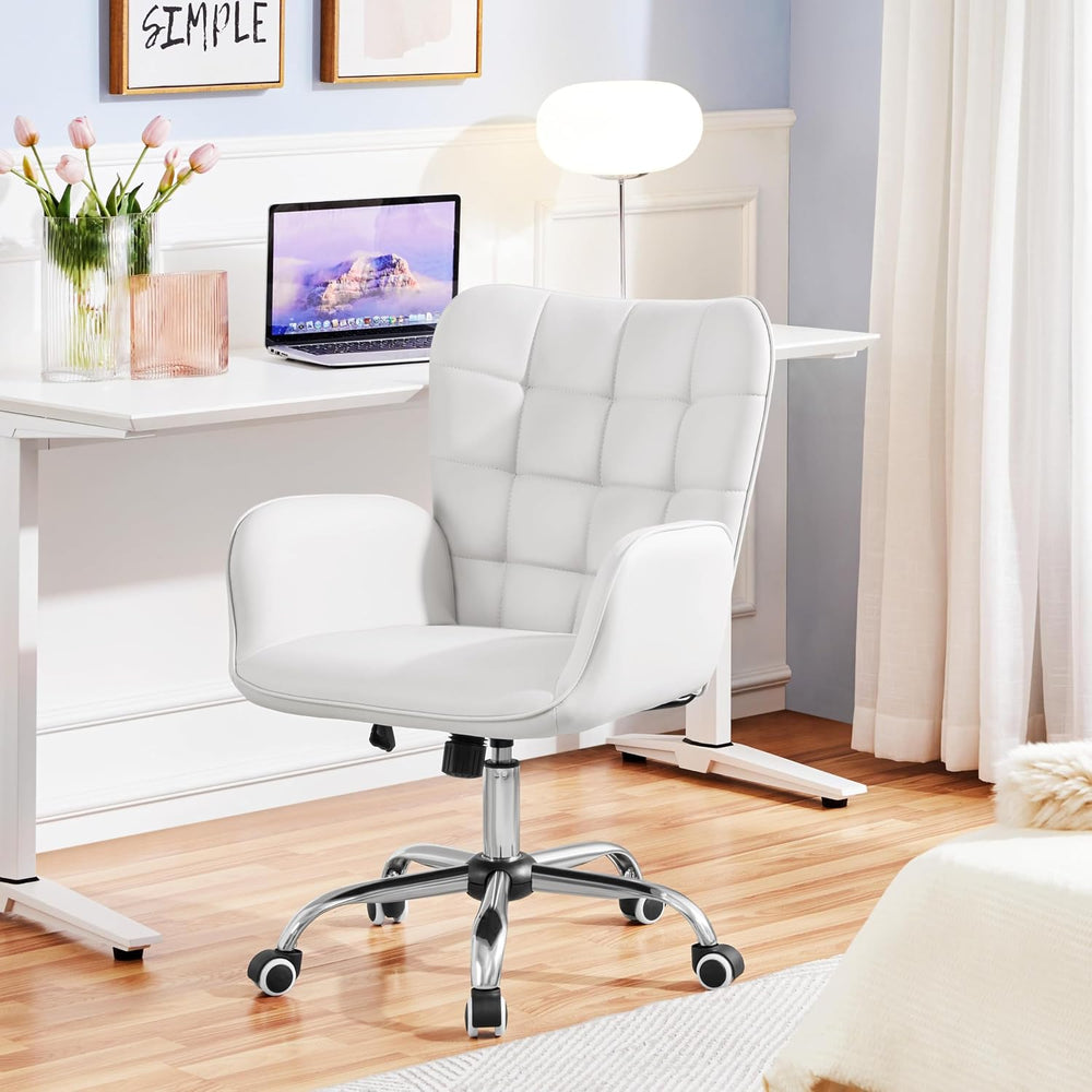 Yaheetech Tufted White Faux Leather Swivel Vanity Desk Chair with Armrests