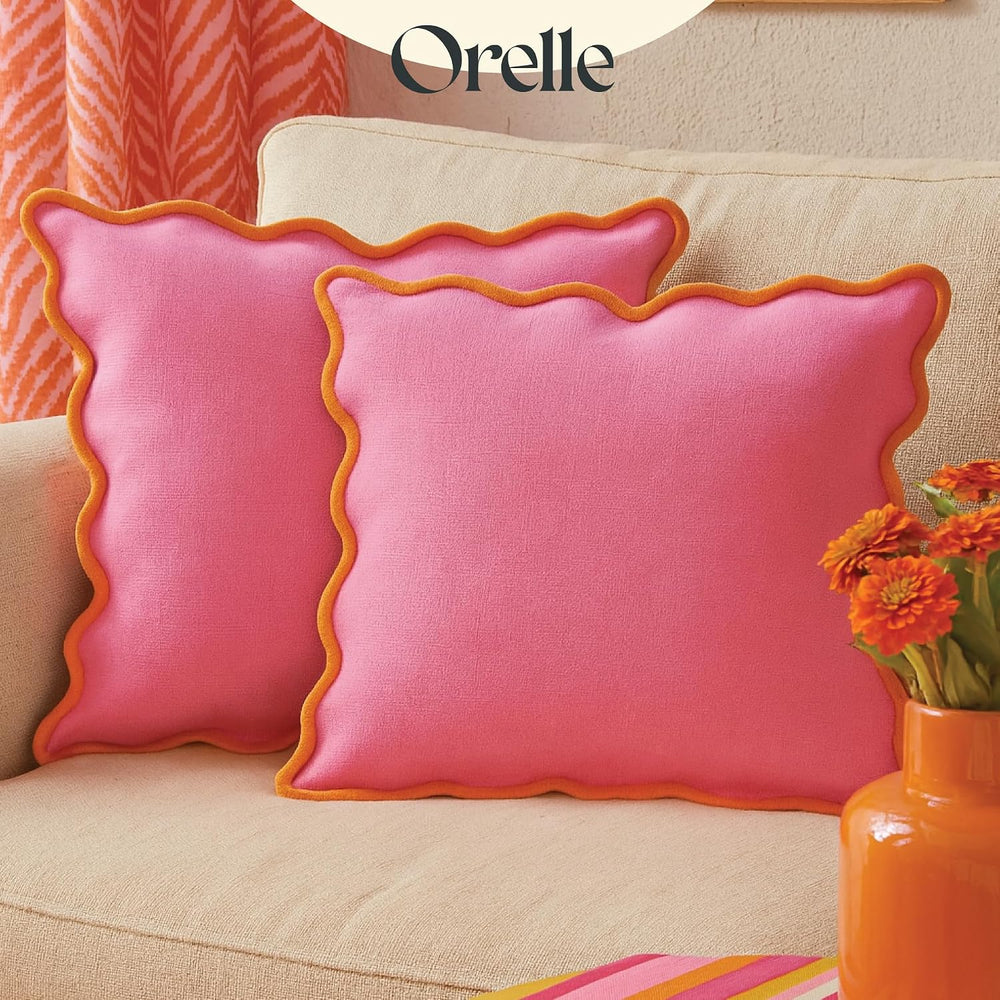 Orelle Scalloped Pillow Covers | Set of 2 | 100% Linen & Cotton | Decorat...