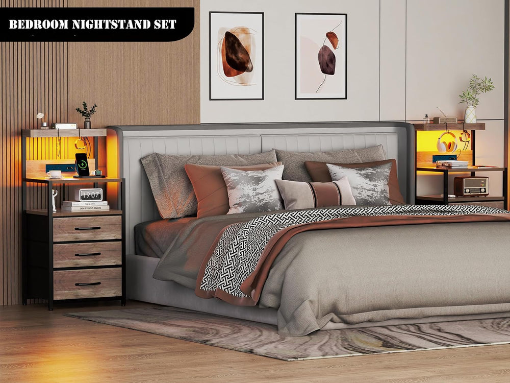 SZLHANJZ Nightstand Set of 2, with Charging Station, 3 Fabric Drawers