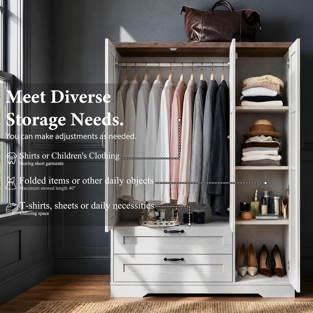Yechen 3-Door Wooden Armoire Wardrobe Closet with Drawers and Shelves, Bedroo...