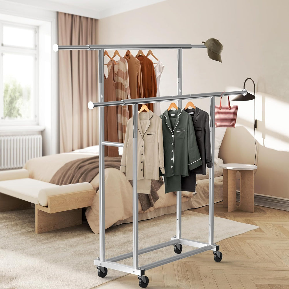Simple Houseware Standard Double Rods Clothing Garment Hanging Rack, Silver