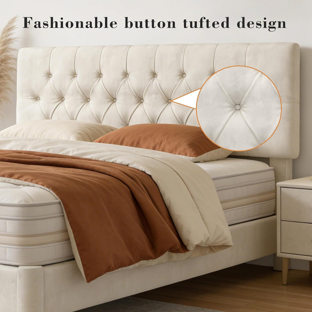 Queen Size Bed Frame with Headboard, Luxury Velvet Fabric Upholstered Bed fra...