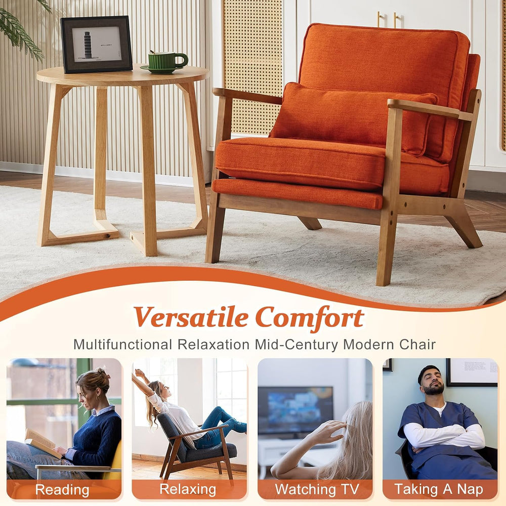 VINGLI Solid Wood Wide Armrests Accent Chair,Upholstered Mid Century Modern C...