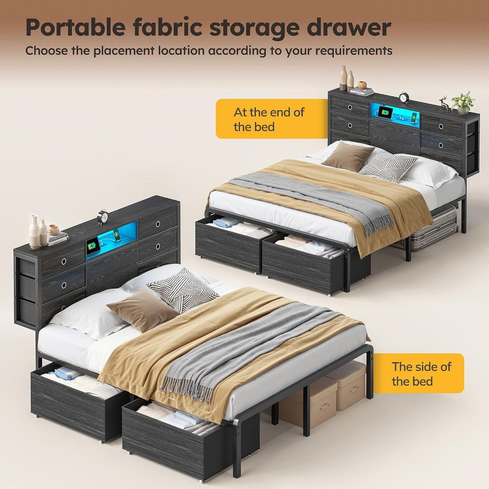Homkdom Queen Size Bed Frame with 8 Drawers and Charging Station,Black