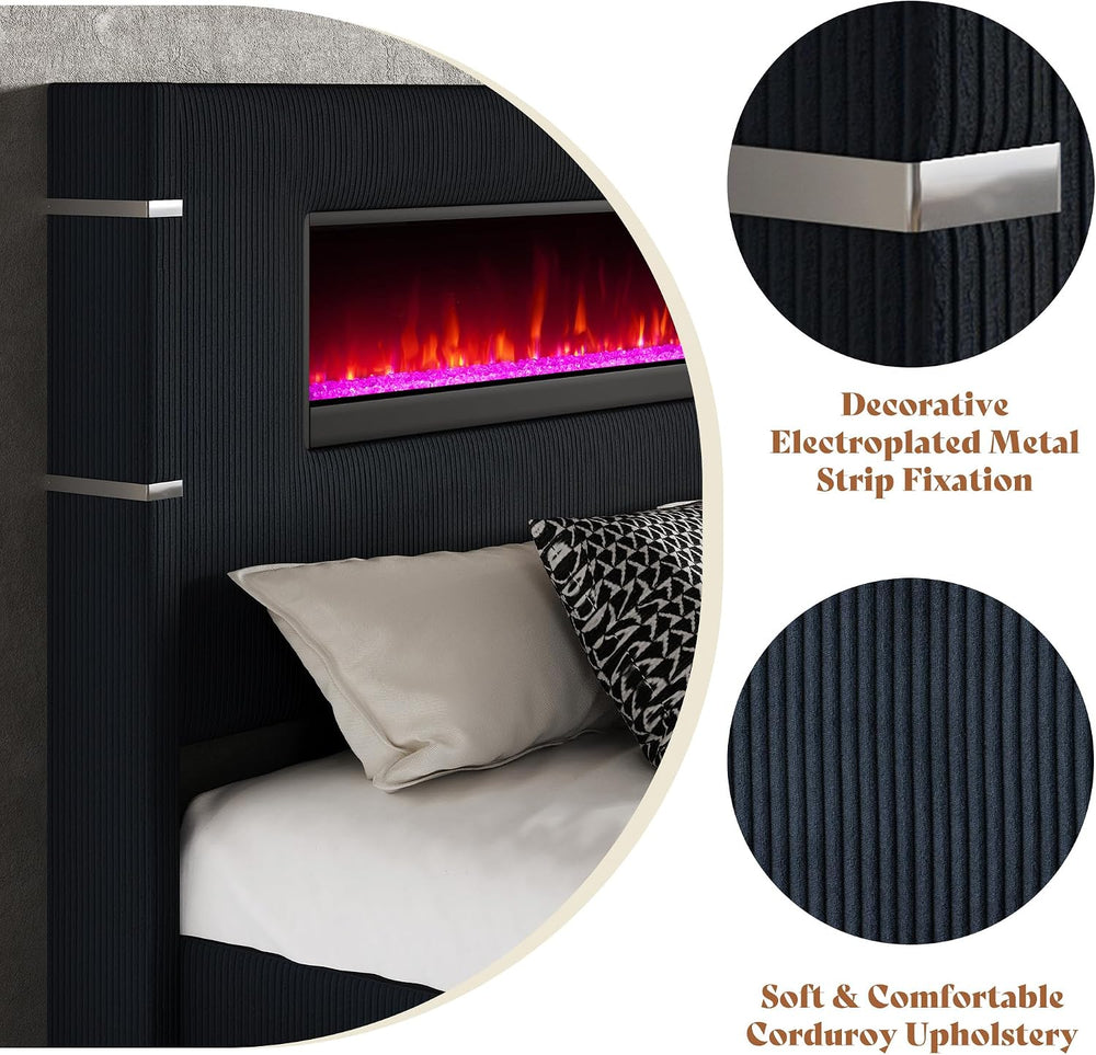 AMERLIFE Cal King Fireplace Bed Frame, Upholstered Headboard, Black