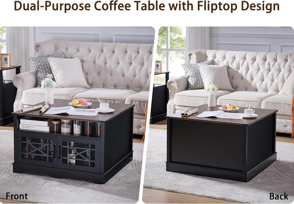 Square Coffee Table, Black Coffee Table with Hidden Compartment Lift-up Top