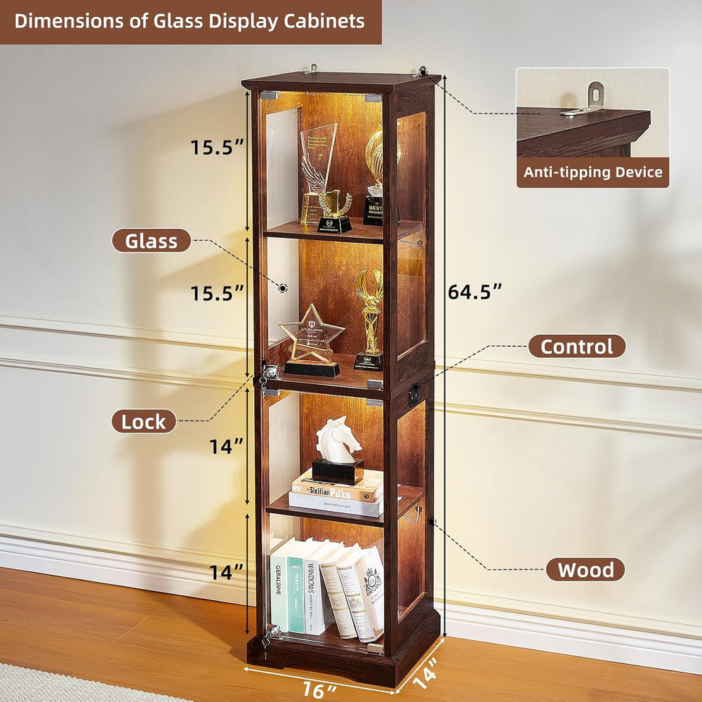 LELELINKY Farmhouse Narrow Glass Display Cabinet with Doors & Lock, Walnut