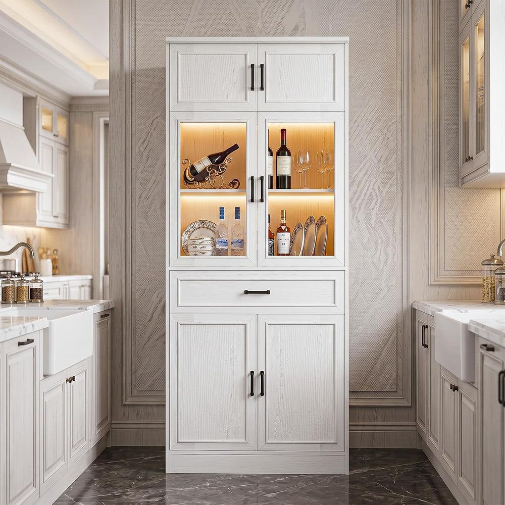 Unikito 80" Kitchen Pantry Cabinet with Glass Doors and Drawer Organizer